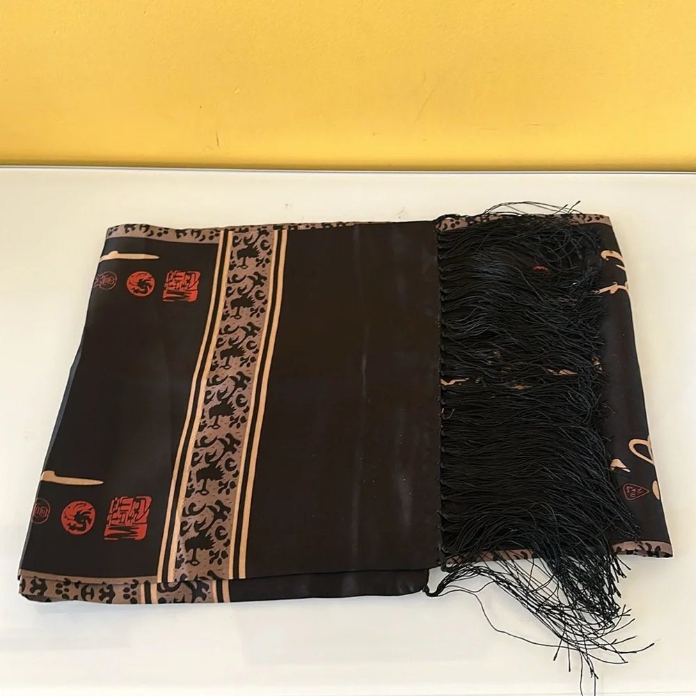 Black 100% Silk Scarf with Fringe Gold Asian Motif Print